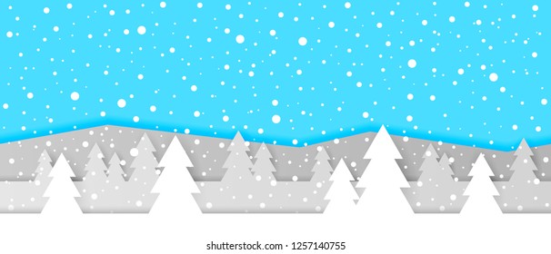 Simple seamless paper cut winter vector landscape with layered mountains, trees and falling snowflakes on blue background.