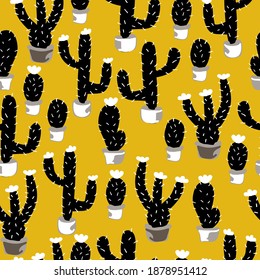simple seamless pattern of abstract cacti. Cute black cacti. Yellow background. vector texture. Fashionable print for textiles and wallpaper.