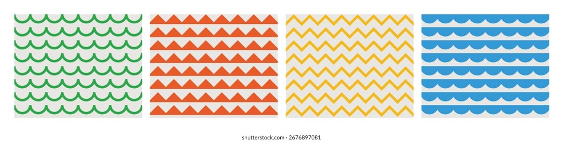 Simple seamless pattern with abstract geometric patterns in bright green, red yellow and blue colors tones collection. Ideal for kids décor, textiles, cover, wallpaper or background. Bright and cute s