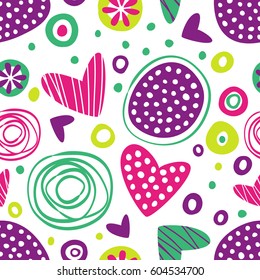 Simple seamless pattern with abstract ornament and hearts.