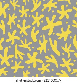 Simple seamless pattern with abstract shapes on gray background. Decorative hand-drawn yellow shapes repeated background. For textiles, wrapping paper, gift paper