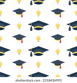 A simple, seamless pattern of academic caps and light bulbs as a eureka symbol. Vector illustration for design, decoration, textile, packaging, wallpaper.