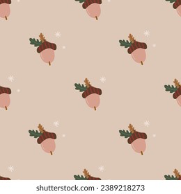 Simple seamless pattern with acorn and oak leaves. Winter season and Christmas concept. Hand drawn vector texture for wallpaper, prints, wrapping, textile