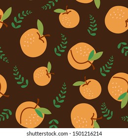 Simple seamless pattern with apricot and leaves on brown background. Flat cartoon style. Vector illustration.