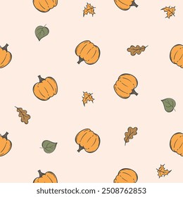 Simple seamless pattern with autumn leaves and pumpkin. Vector background for wrapping paper, decoration, design. Endless pattern with repeating elements