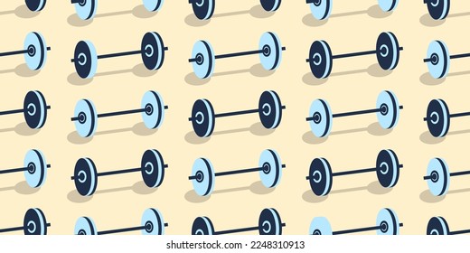 Simple seamless pattern with barbells. Sport equipment isolated on a yellow background. Vector flat illustration
