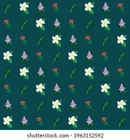 Simple seamless pattern with beautiful flowers. Orange-red lily, white jasmine, purple lilac and green rosemary
