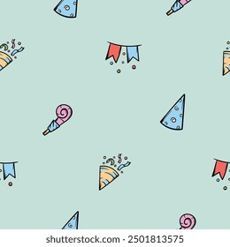 Simple seamless pattern with birthday attributes, cap, whistle, flags. Hand drawn holiday vector illustration. Endless background for gift paper, print