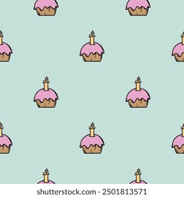 Simple seamless pattern with birthday cake and candle. Hand drawn holiday vector illustration. Endless background for gift paper, print