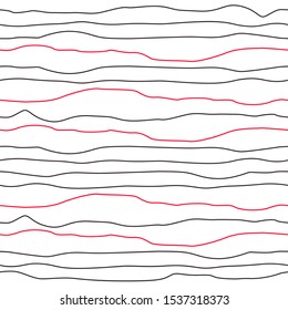 Simple seamless pattern with black and red curved thin lines on white background