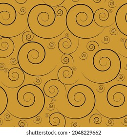 Simple seamless pattern with black swirls on yellow ochre background. Suitable for print on textile, stationary, wallpaper.