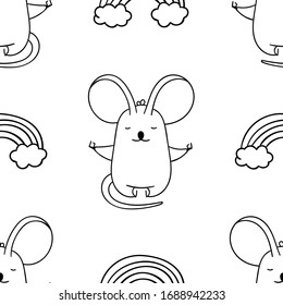 Simple seamless pattern, black and white cute kawaii hand drawn mouse doodles, coloring pages, print