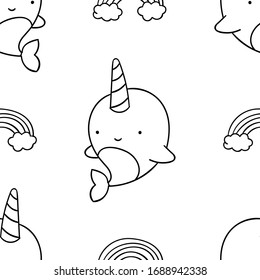 Simple seamless pattern, black and white cute kawaii hand drawn narwhal doodles, coloring pages, print