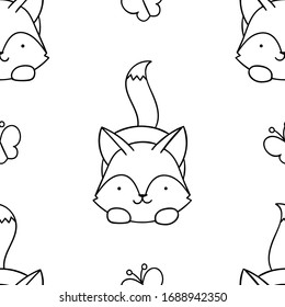 Simple seamless pattern, black and white cute kawaii hand drawn wolf doodles, coloring pages, print