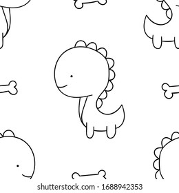 Simple Seamless Pattern, Black And White Cute Kawaii Hand Drawn Dinosaur Doodles, Coloring Pages, Print
