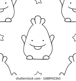 Simple seamless pattern, black and white cute kawaii hand drawn monster doodles, coloring pages, print