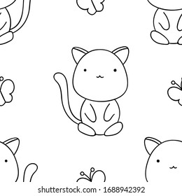 Simple seamless pattern, black and white cute kawaii hand drawn cat doodles, coloring pages, print