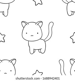Simple seamless pattern, black and white cute kawaii hand drawn cat doodles, coloring pages, print
