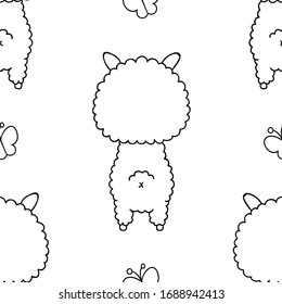 Simple seamless pattern, black and white cute kawaii hand drawn llama doodles, coloring pages, print