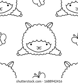 Simple seamless pattern, black and white cute kawaii hand drawn llama doodles, coloring pages, print