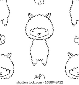 Simple seamless pattern, black and white cute kawaii hand drawn llama doodles, coloring pages, print