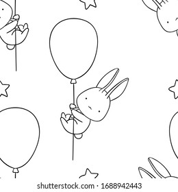 Simple seamless pattern, black and white cute kawaii hand drawn bunny doodles, coloring pages, print