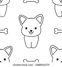Simple seamless pattern, black and white cute kawaii hand drawn dog doodles, coloring pages, print
