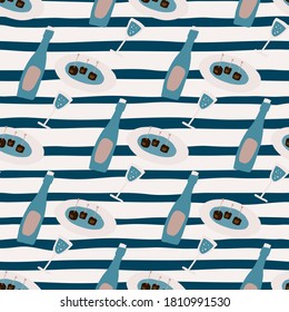 Simple seamless pattern with blue bottles and dishes. White and blue stripped background. Simple romantic backdrop. Great for wallpaper, textile, wrapping paper, fabric print. Vector illustration.