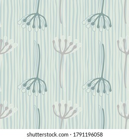 Simple seamless pattern with blue dandelion outline elements and pastel blue background with white lines. Great for wrapping paper, textile, fabric print and wallpaper. Vector illustration.