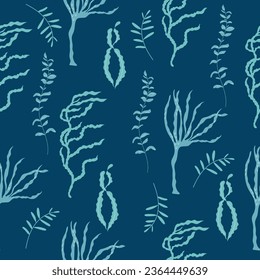Simple seamless pattern with blue hand drawn seaweeds on dark background. Vector illustration.