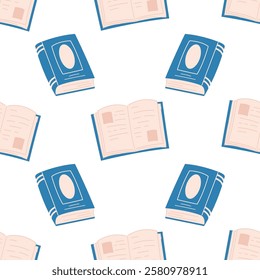 A simple seamless pattern with blue hardback books. Education, literature, library, bookstore print. Background, wallpaper, notebook cover, wrapping paper template.