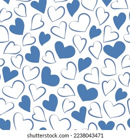 simple seamless pattern with blue hearts on a white background, imitation of blue pen or ink. vecto