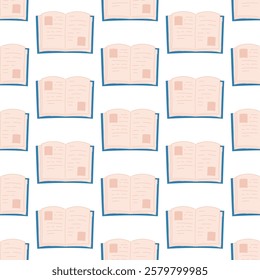 A simple seamless pattern with blue open books. Education, literature, library, bookstore print. Background, wallpaper, notebook cover, wrapping paper template.