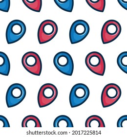 Simple seamless pattern of blue and pink tag location colored cartoon style illustration background template vector