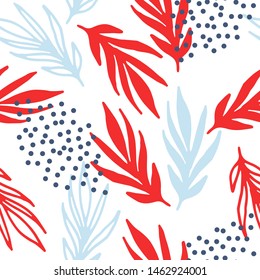 Simple seamless pattern of blue and red leaves on branches with dots on white background.