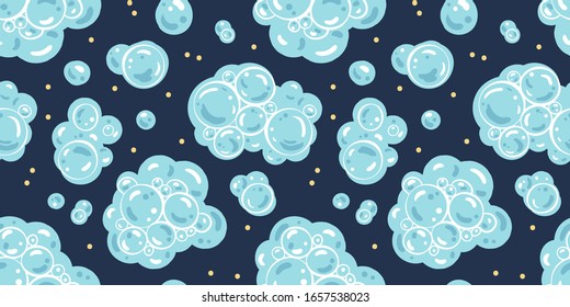 Einfaches, nahtloses Muster blauer Seifenblasen auf dunklem Hintergrund.