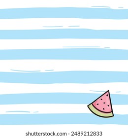 A simple seamless pattern with blue stripes and a watermelon slice. Bright vector background for banner, wrapping paper, print, fabric.