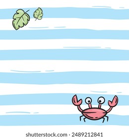 Simple seamless pattern with blue stripes, crab and leaves. Bright vector background for banner, wrapping paper, print, fabric.