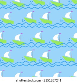 Simple seamless pattern with simple pattern. The boat sails on the waves. Design for fabric and wallpaper decoration.