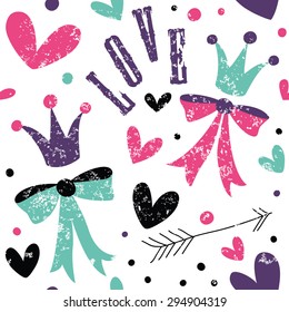 Simple seamless pattern with bows, arrow, crown and heart. Great for scrapbook, surface textures.