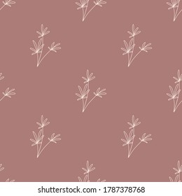 Simple seamless pattern from branches of plants and herbs. Floral abstract linear image of grass on a light isolated background. Doodle style. For printing on fabric and paper, web.