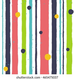 Simple seamless pattern with bright colorful stripes and dots.