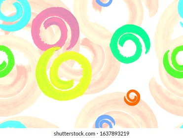 Simple seamless pattern with bright watercolor spirals on a light background. Image of colorful circles. EPS10 vector illustration