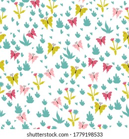 Simple seamless pattern with butterflies fluttering in the meadow. Vector graphics