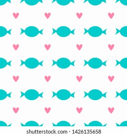 Simple seamless pattern with candy and hearts. Cute print. Vector illustration.