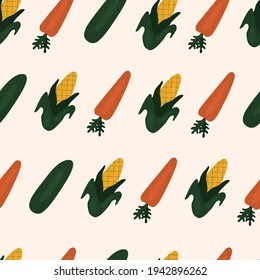 Simple seamless pattern with carrots and corn. Vegetables, vitamins, vegetarianism, healthy eating, diet, snacks, harvesting. Illustration in flat style