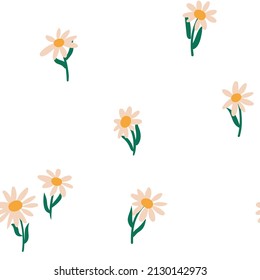 Simple seamless pattern with cartoon chamomile flowers on a white background. Cute floral print, trendy botanical background. Vector illustration.