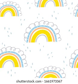 simple seamless pattern with cartoon rainbows, decor elements. colorful vector for kids. hand drawing, flat style. baby design for fabric, print, textile, wrapper