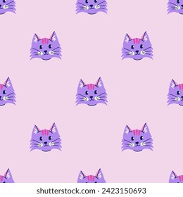 Simple seamless pattern with cat head on purple background. Hand drawn vector illustration for stylish cover, cases, wallpaper, prints, wrapping, textile
