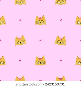 Einfaches, nahtloses Muster mit Katzen und Herzen auf rosafarbenem Hintergrund. Handgezeichnete Vektorgrafik für stylische Deckung, Gehäuse, Tapete, Drucke, Umhüllung, Textilien